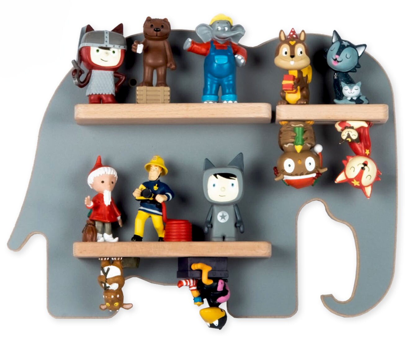 Graues, elefantenförmiges Wandregal mit zwei Holzablagen und bunten Spielfiguren, frontale Ansicht.