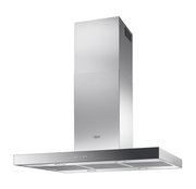 Moderne Inselhaube aus Edelstahl, seitliche Perspektive