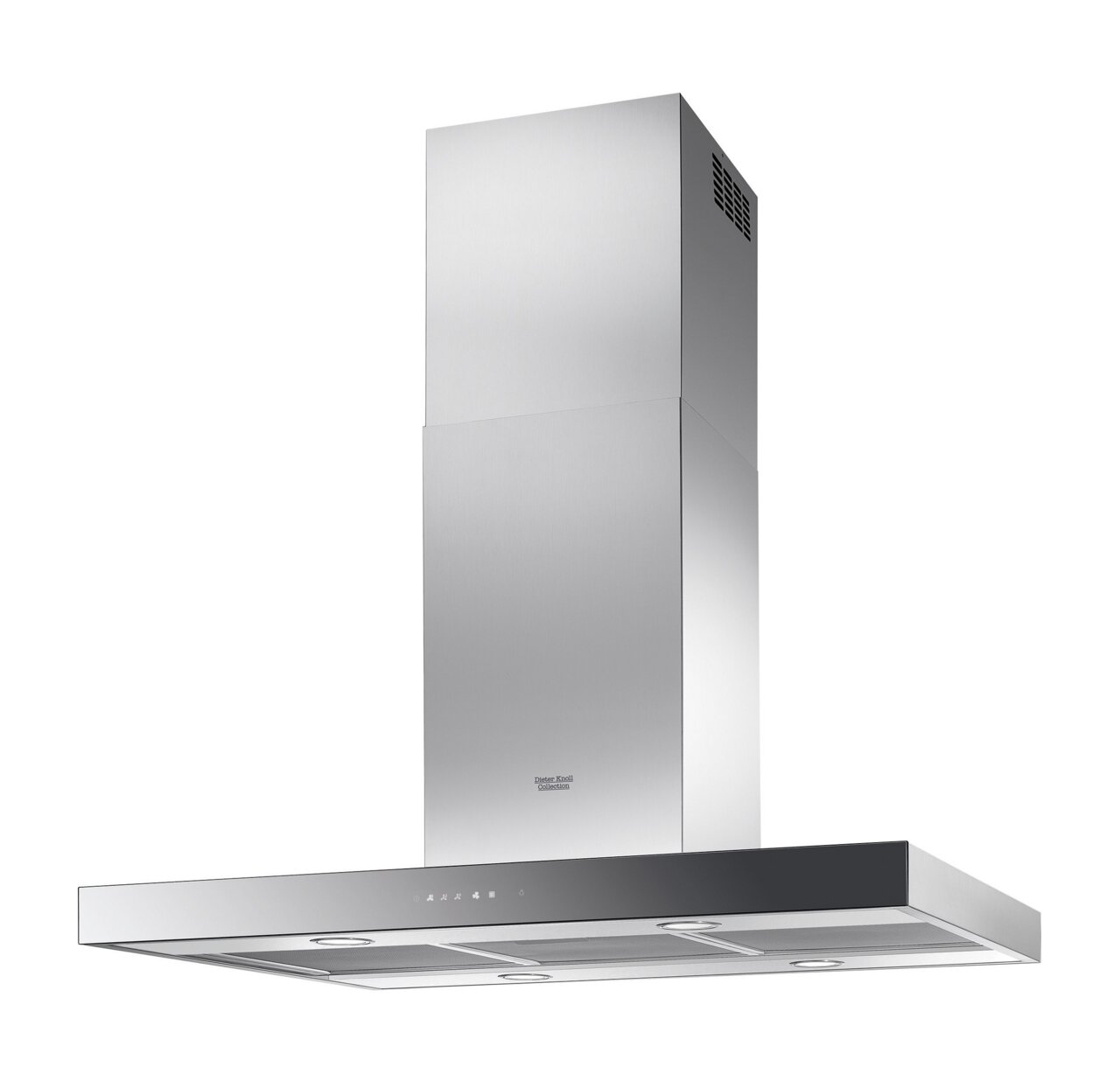 Moderne Inselhaube aus Edelstahl, seitliche Perspektive