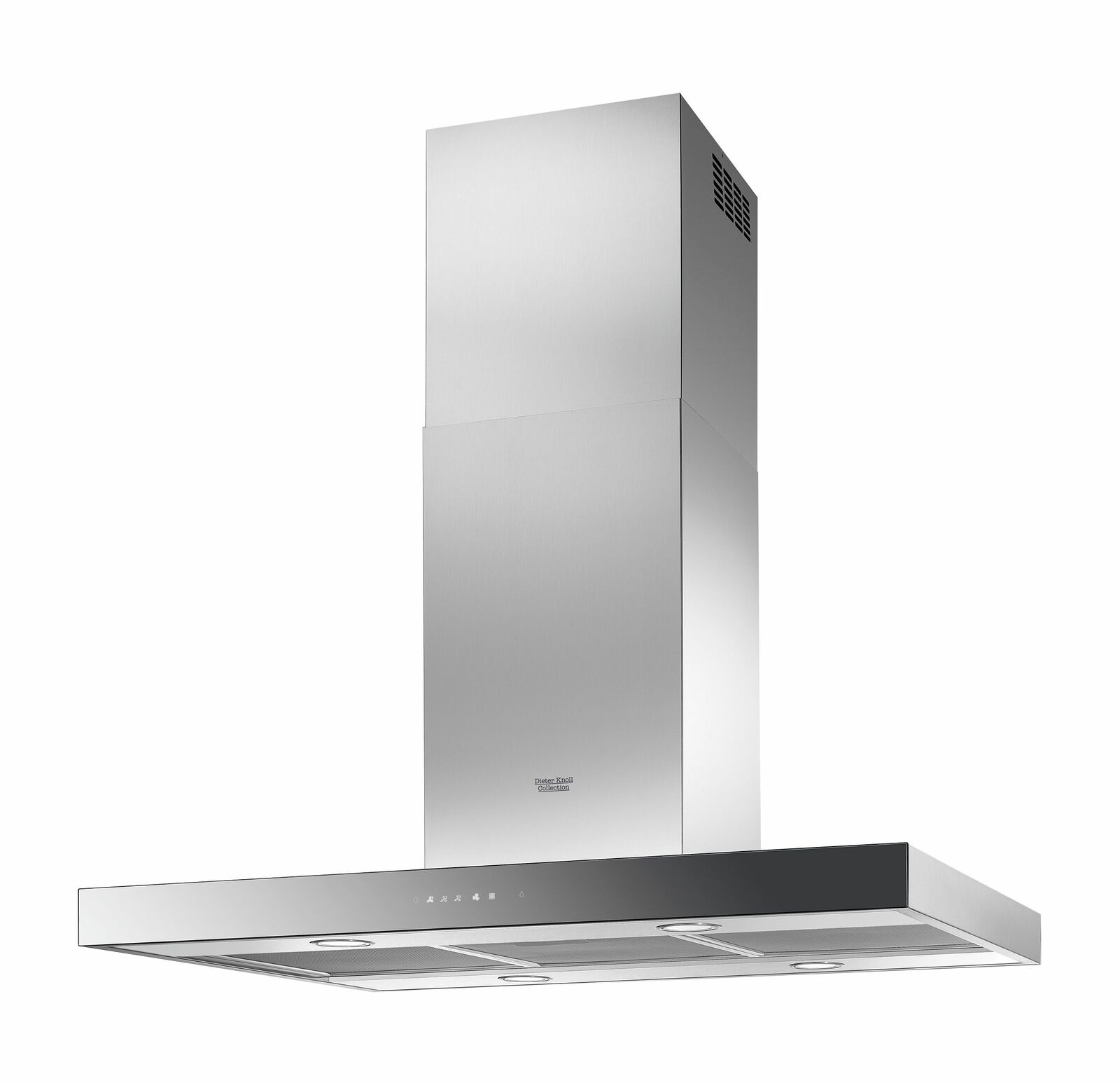 Moderne Inselhaube aus Edelstahl, seitliche Perspektive