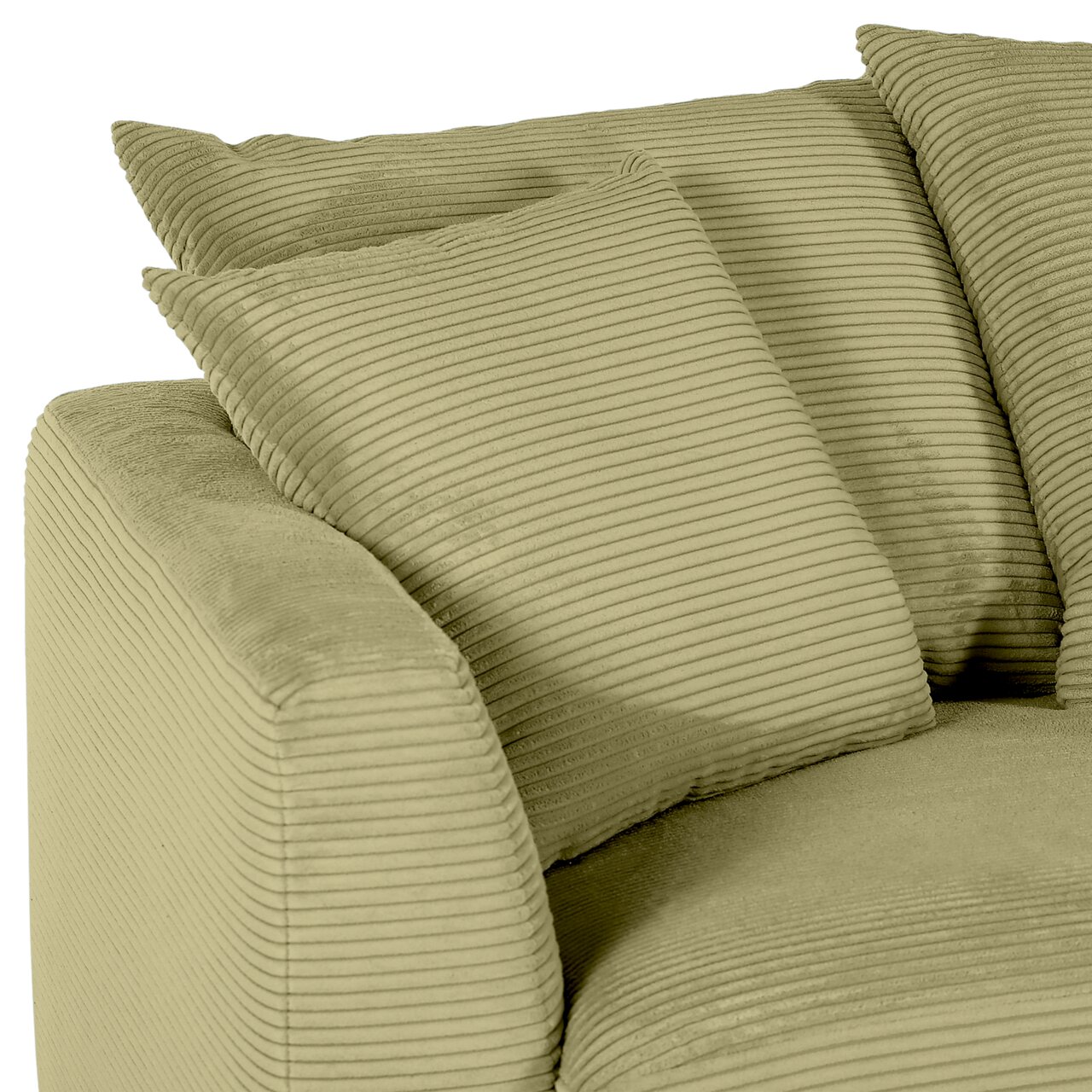 Groene hoekbank met geribbelde stoffen bekleding, close-up vanaf de zijkant