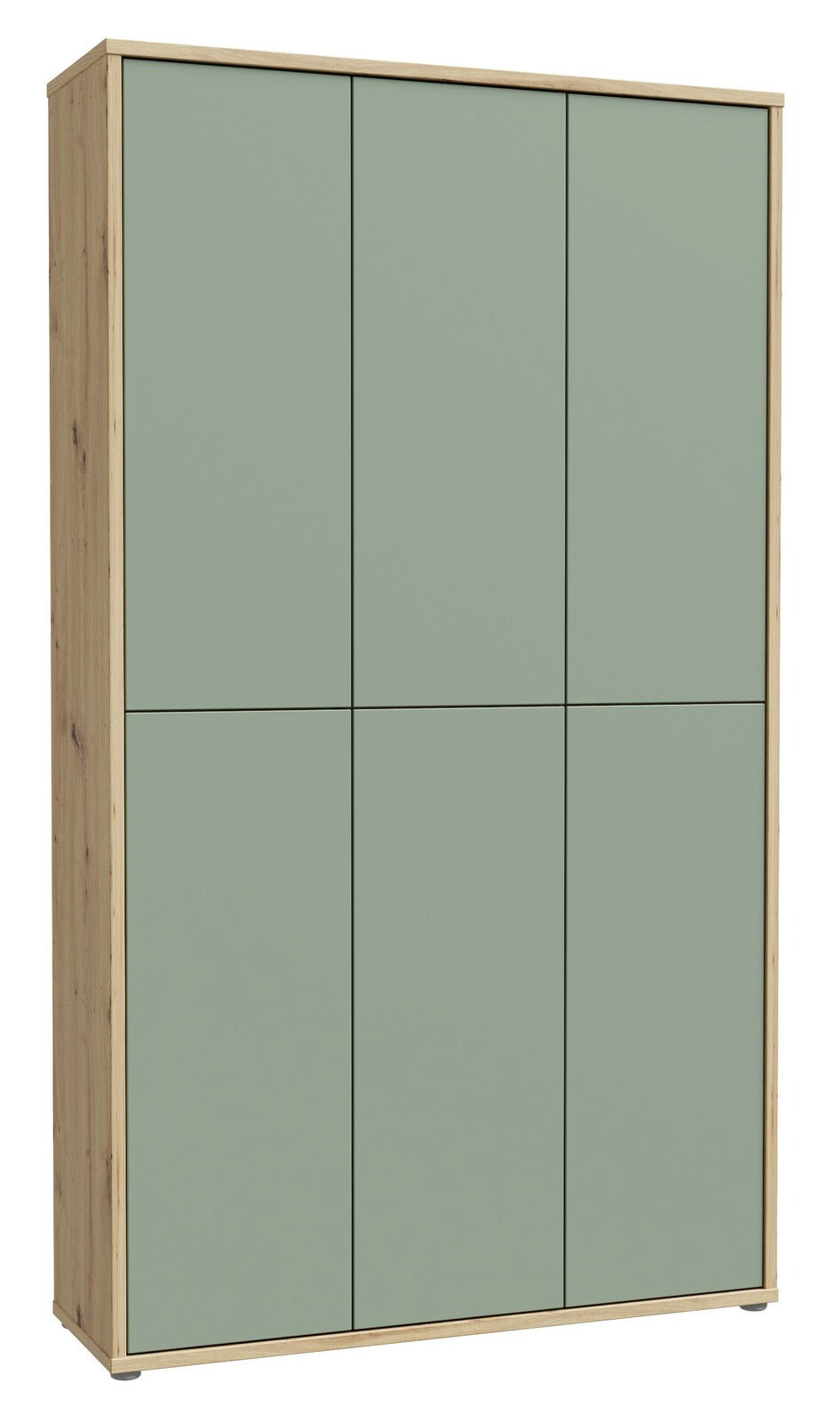 Großer, moderner Schuhschrank mit sechs Türen in hellem Holz und grüner Front, frontal abgebildet.