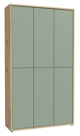 Großer, moderner Schuhschrank mit sechs Türen in hellem Holz und grüner Front, frontal abgebildet.