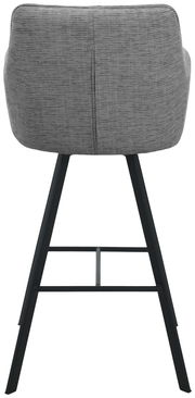 Rückansicht eines grauen Barhockers mit schwarzem Metallgestell