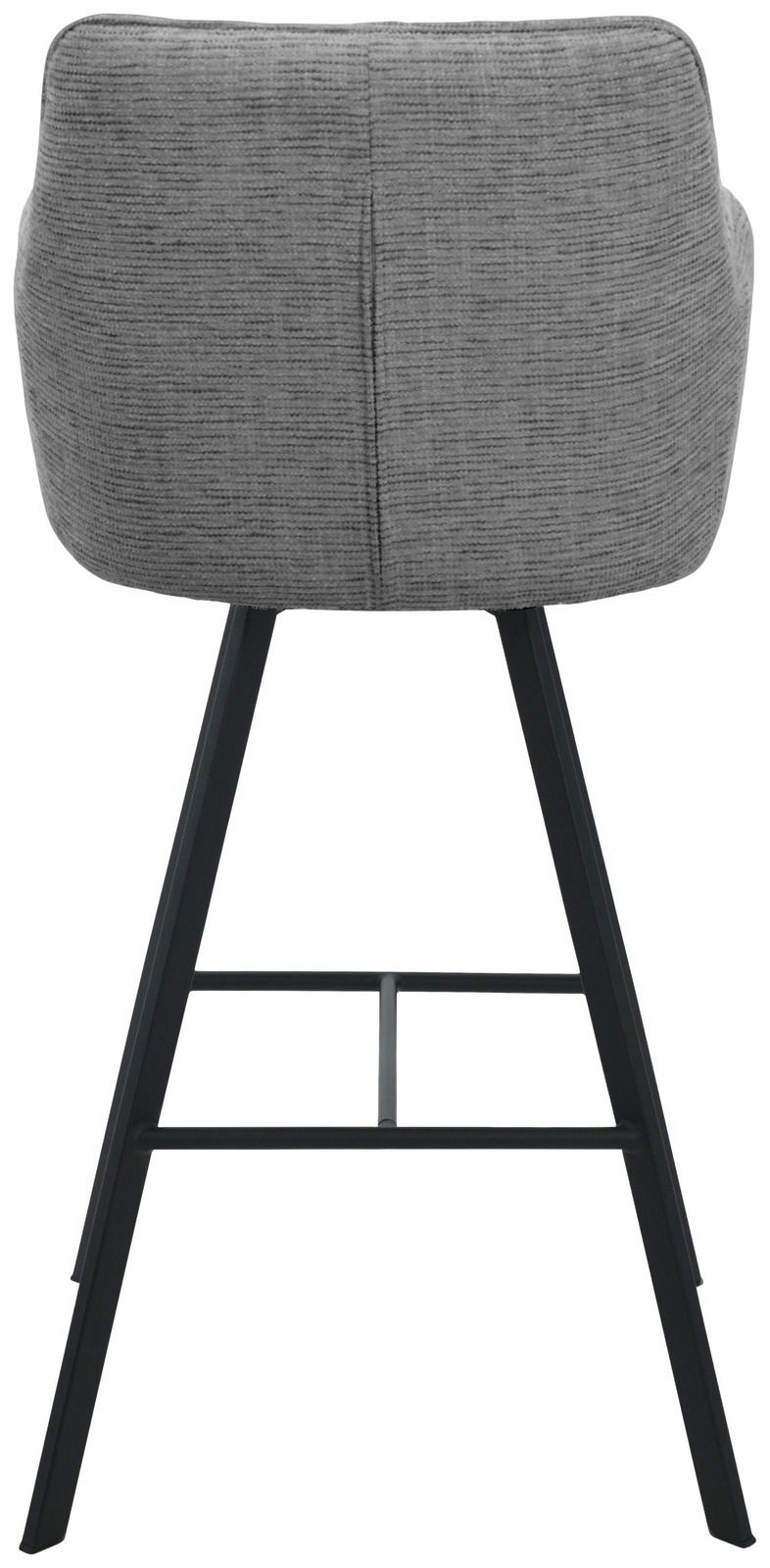 Rückansicht eines grauen Barhockers mit schwarzem Metallgestell