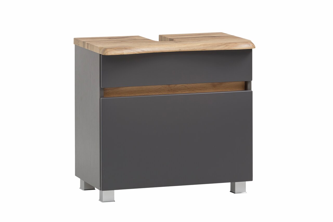 XORA Waschbeckenunterschrank VILLACH Moderner Waschbeckenunterschrank in dunklem Grau mit Holzoberfläche, seitliche Perspektive