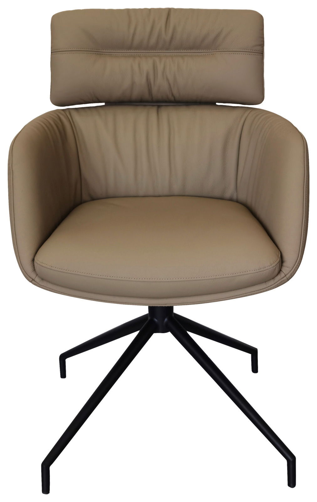 Beiger Armlehnstuhl mit schwarzem Metallgestell, Frontalansicht