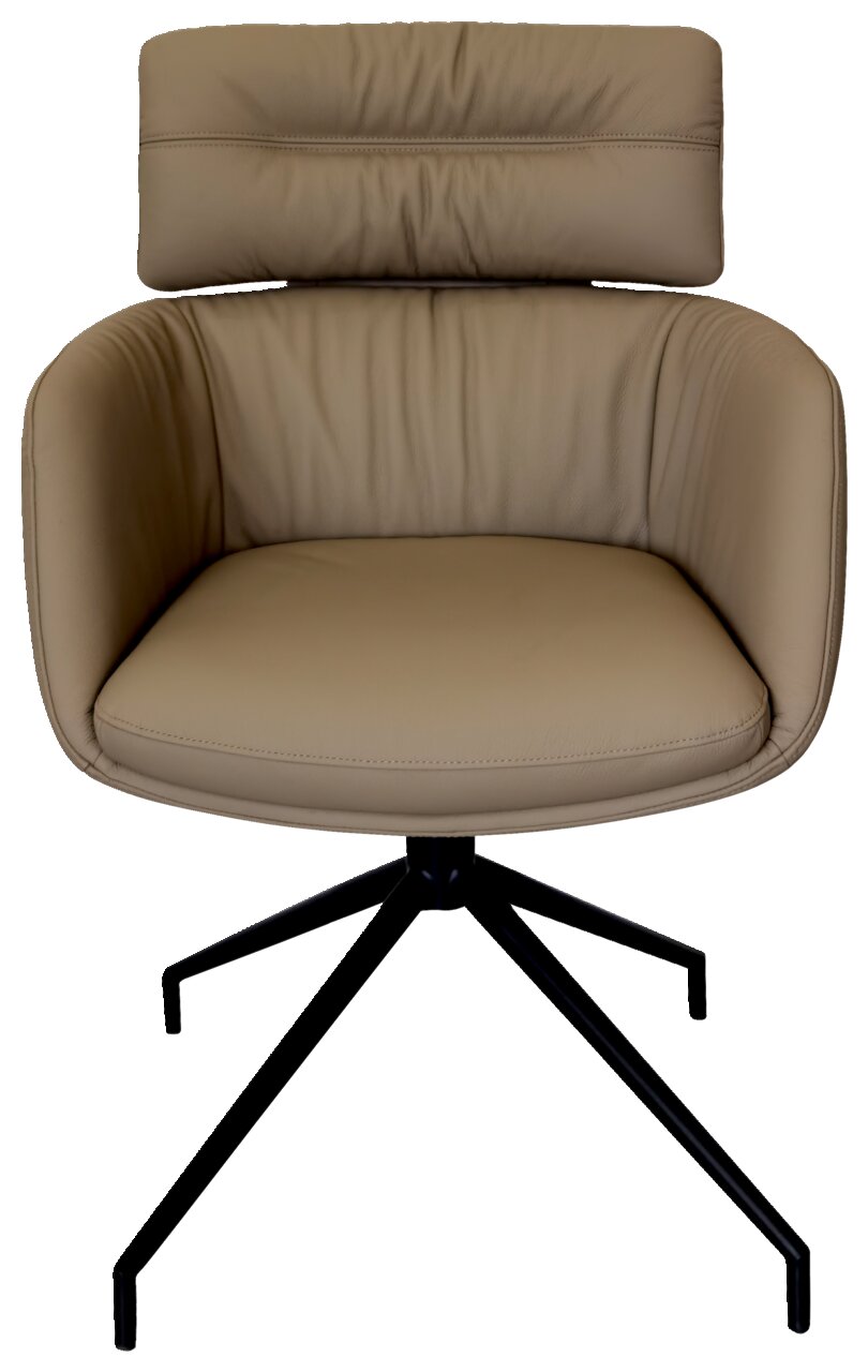 Beiger Armlehnstuhl mit schwarzem Metallgestell, Frontalansicht