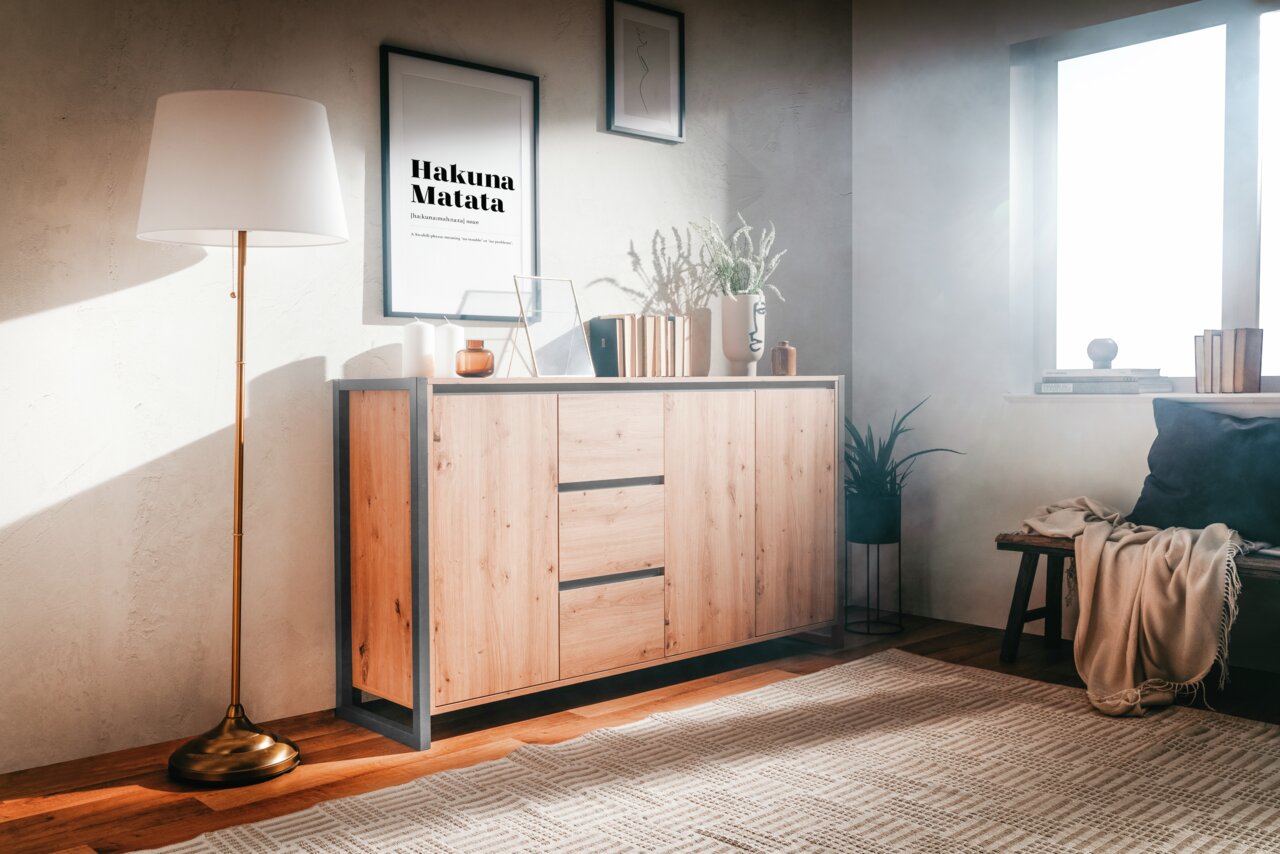 Z2 Sideboard LANDWOOD Modernes Sideboard aus Holz mit Metallrahmen, dekoriert mit Pflanzen und Büchern, in einem gemütlichen Wohnzimmer mit seitlicher Perspektive.
