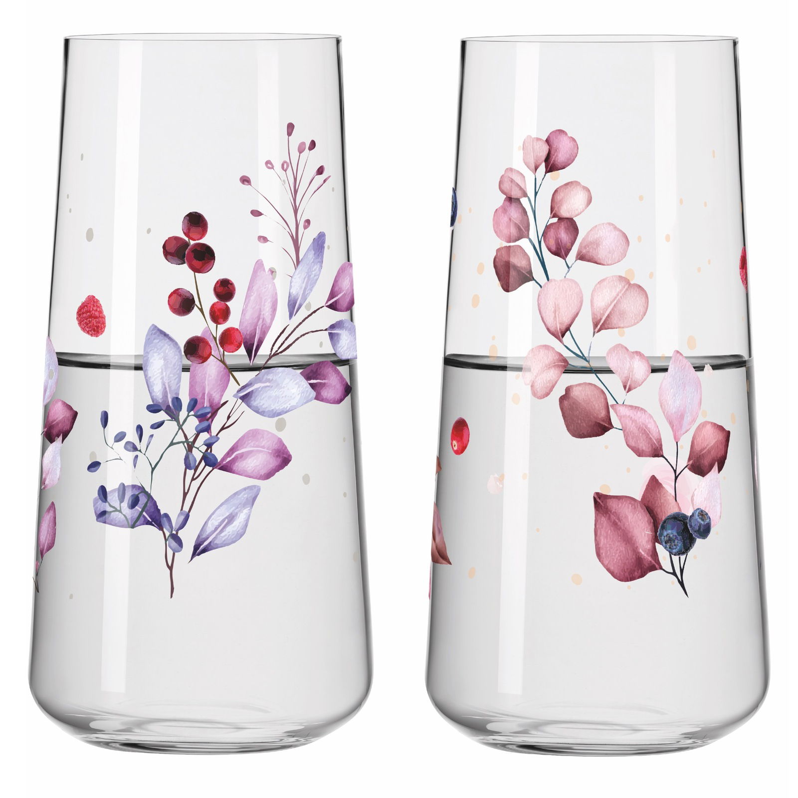 Zwei elegante Longdrinkbecher mit floralen Mustern in lila und rosa Tönen, seitliche Perspektive.