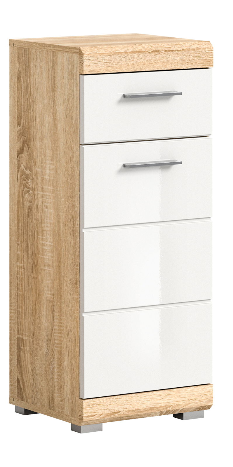 Moderner Standschrank mit Holzoptik und weißen Schubladen, seitliche Perspektive