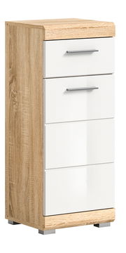 Moderner Standschrank mit Holzoptik und weißen Schubladen, seitliche Perspektive