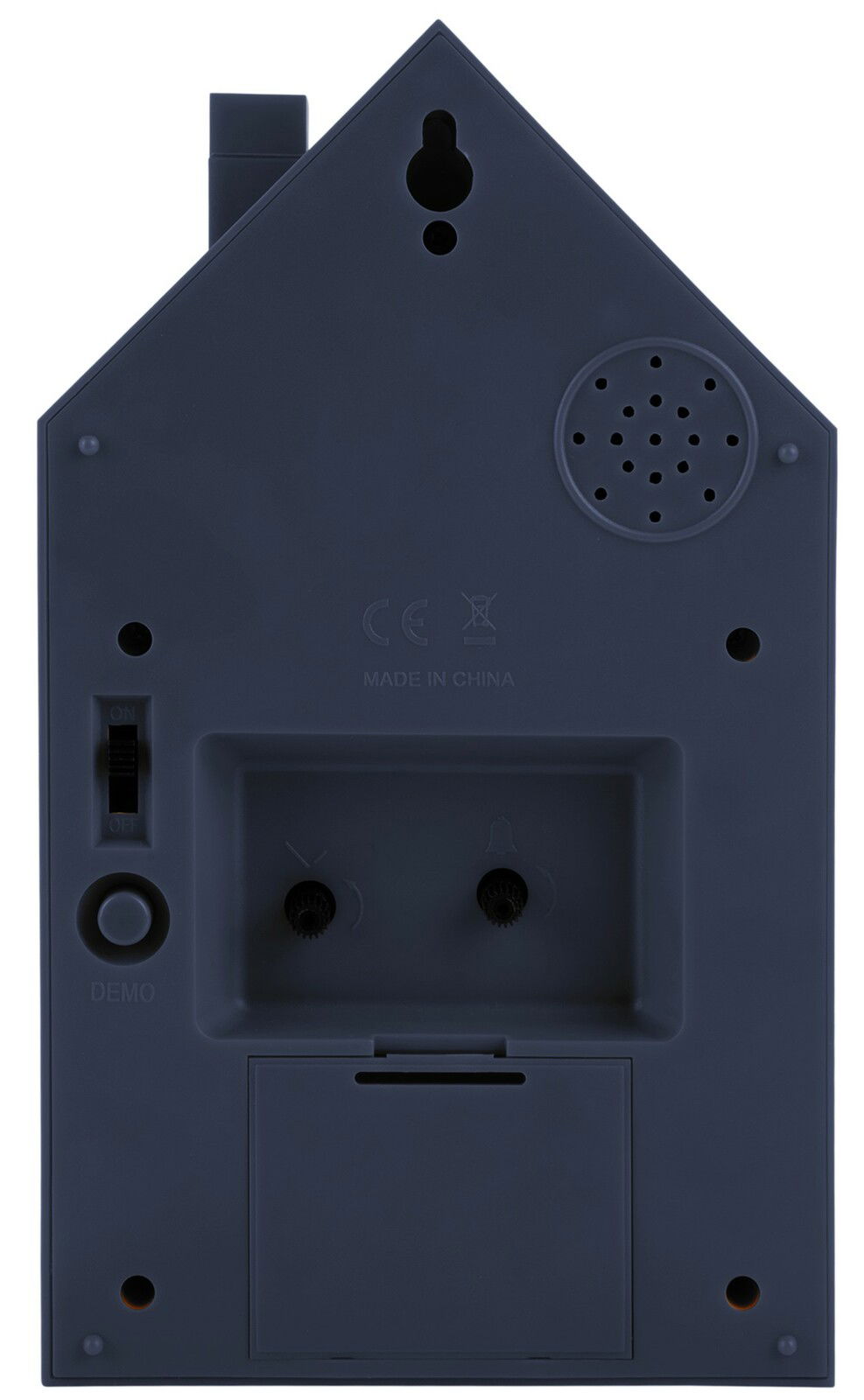 Rückansicht eines modernen Weckers in Hausform mit Bedienelementen und Lautsprecher.