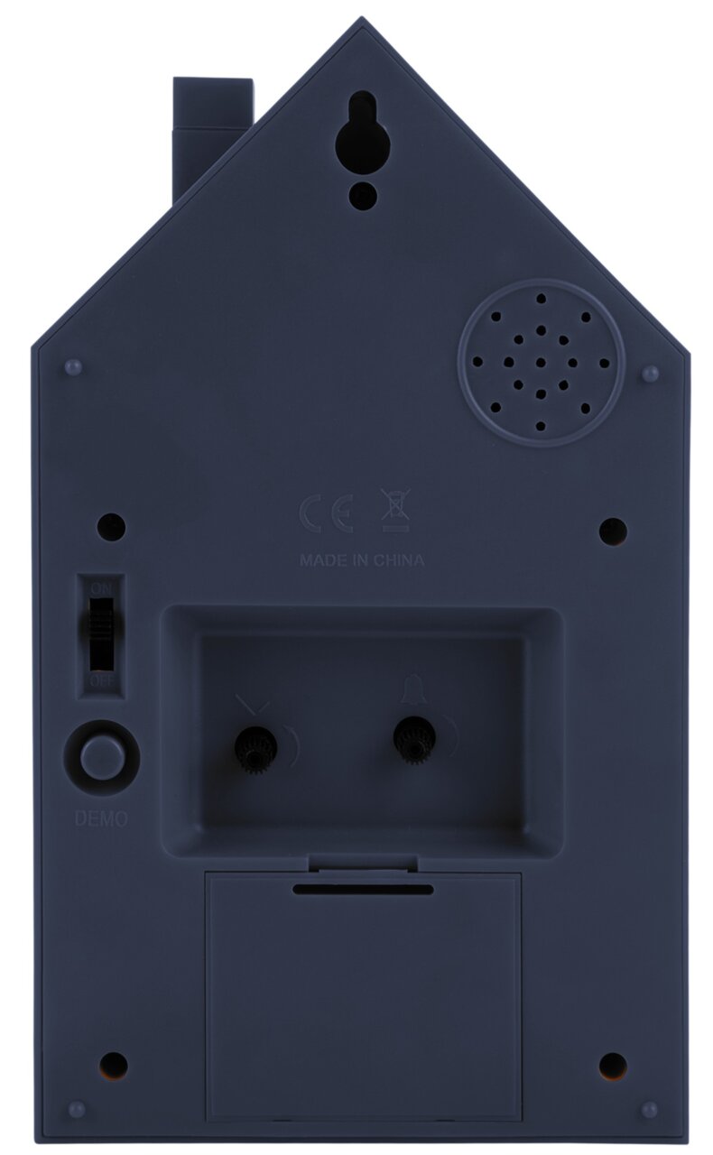 Rückansicht eines modernen Weckers in Hausform mit Bedienelementen und Lautsprecher.