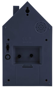 Rückansicht eines modernen Weckers in Hausform mit Bedienelementen und Lautsprecher.