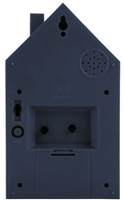 Rückansicht eines modernen Weckers in Hausform mit Bedienelementen und Lautsprecher.