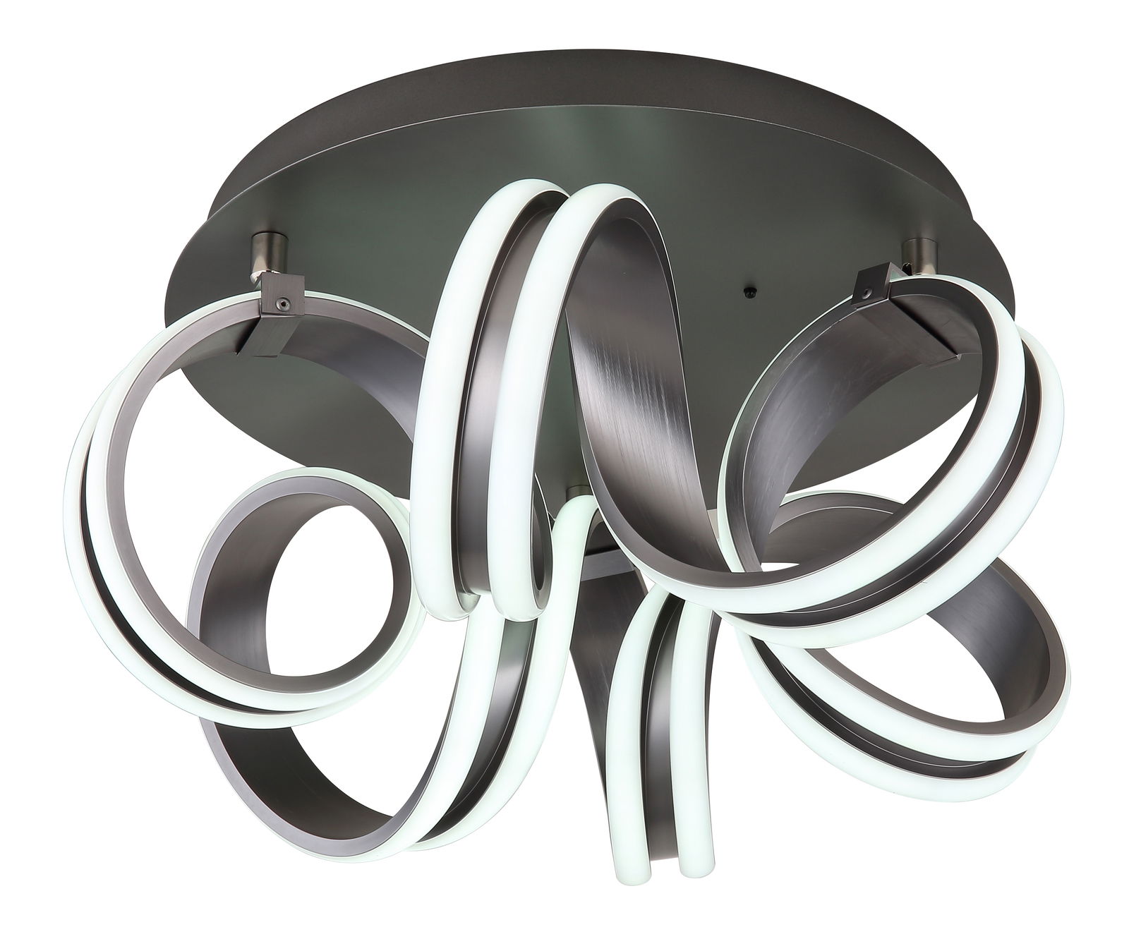 Moderne Deckenleuchte KUNI mit geschwungenen LED-Lichtbändern, Ansicht von unten.