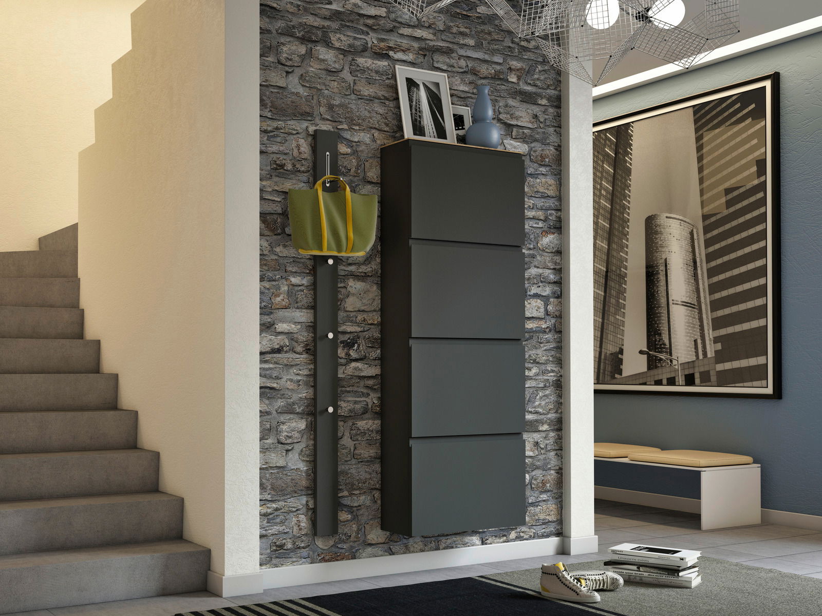 Moderner Hängeschuhschrank in dunklem Design an einer Steinwand, seitliche Perspektive.