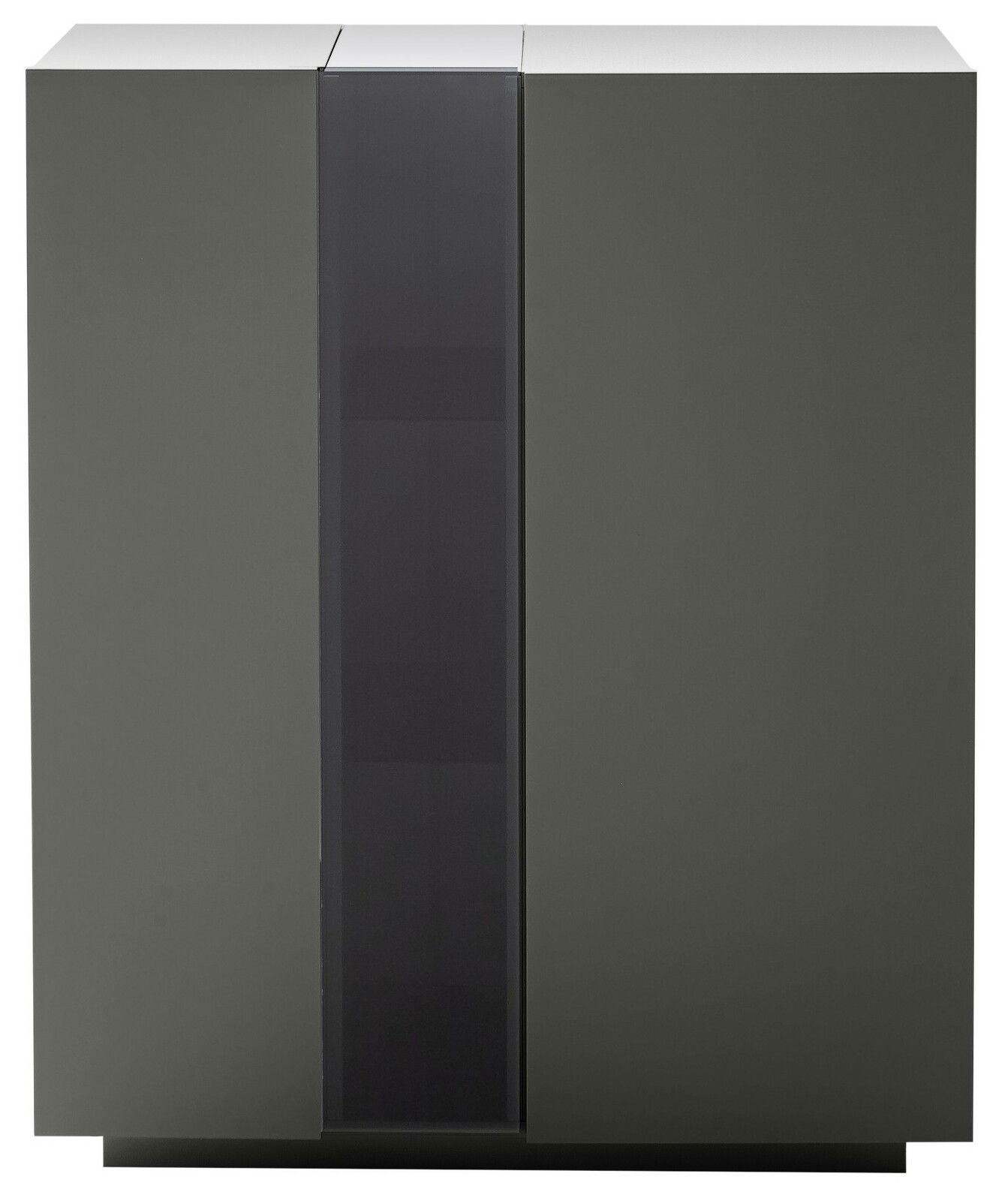Modernes Highboard in dunklem Grau mit zentralem Glaseinsatz, Frontalansicht