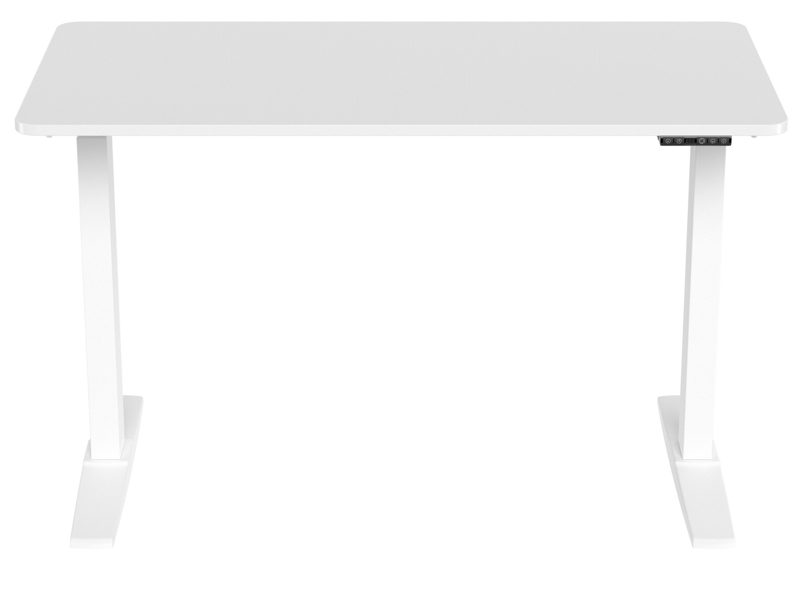 Weißer E-Schreibtisch aus der Frontalansicht mit rechteckiger Tischplatte und zwei stabilen Beinen.