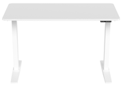 Weißer E-Schreibtisch aus der Frontalansicht mit rechteckiger Tischplatte und zwei stabilen Beinen.