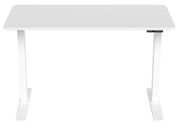 Weißer E-Schreibtisch aus der Frontalansicht mit rechteckiger Tischplatte und zwei stabilen Beinen.