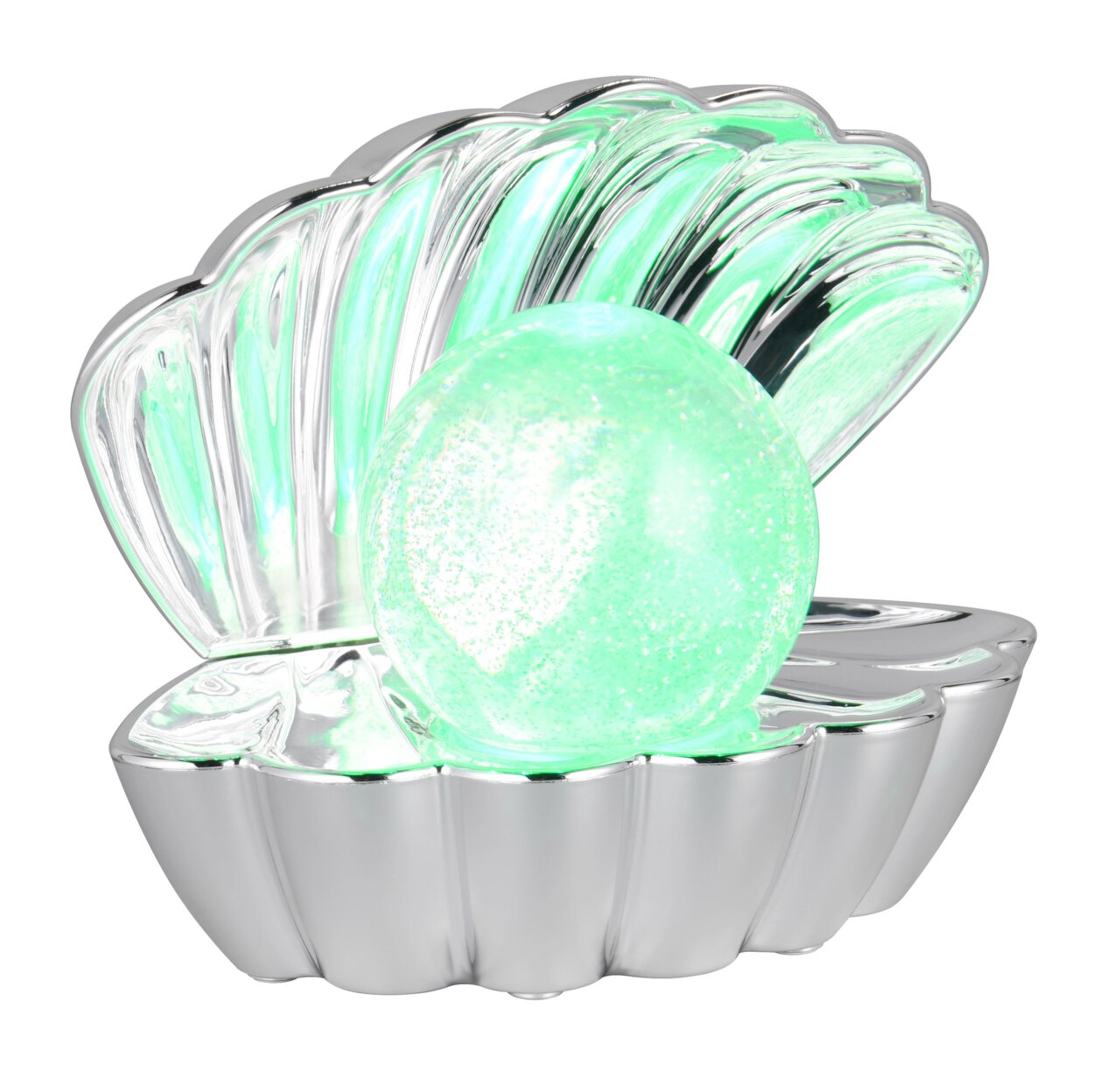 Zilveren schelpvormige tafellamp met een lichtgevende groene bol, zijaanzicht
