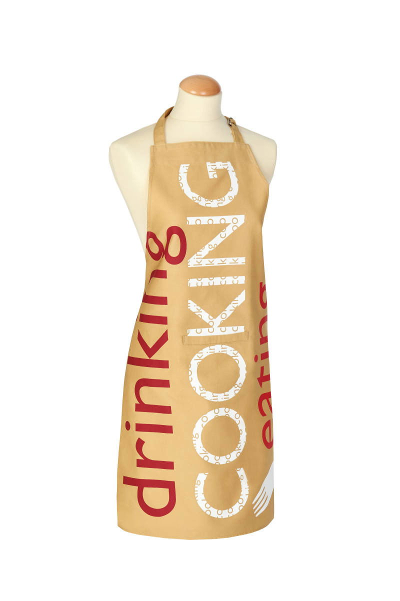 Schürze in Beige mit den Worten 'drinking', 'cooking', 'eating' in Rot und Weiß, Vorderansicht