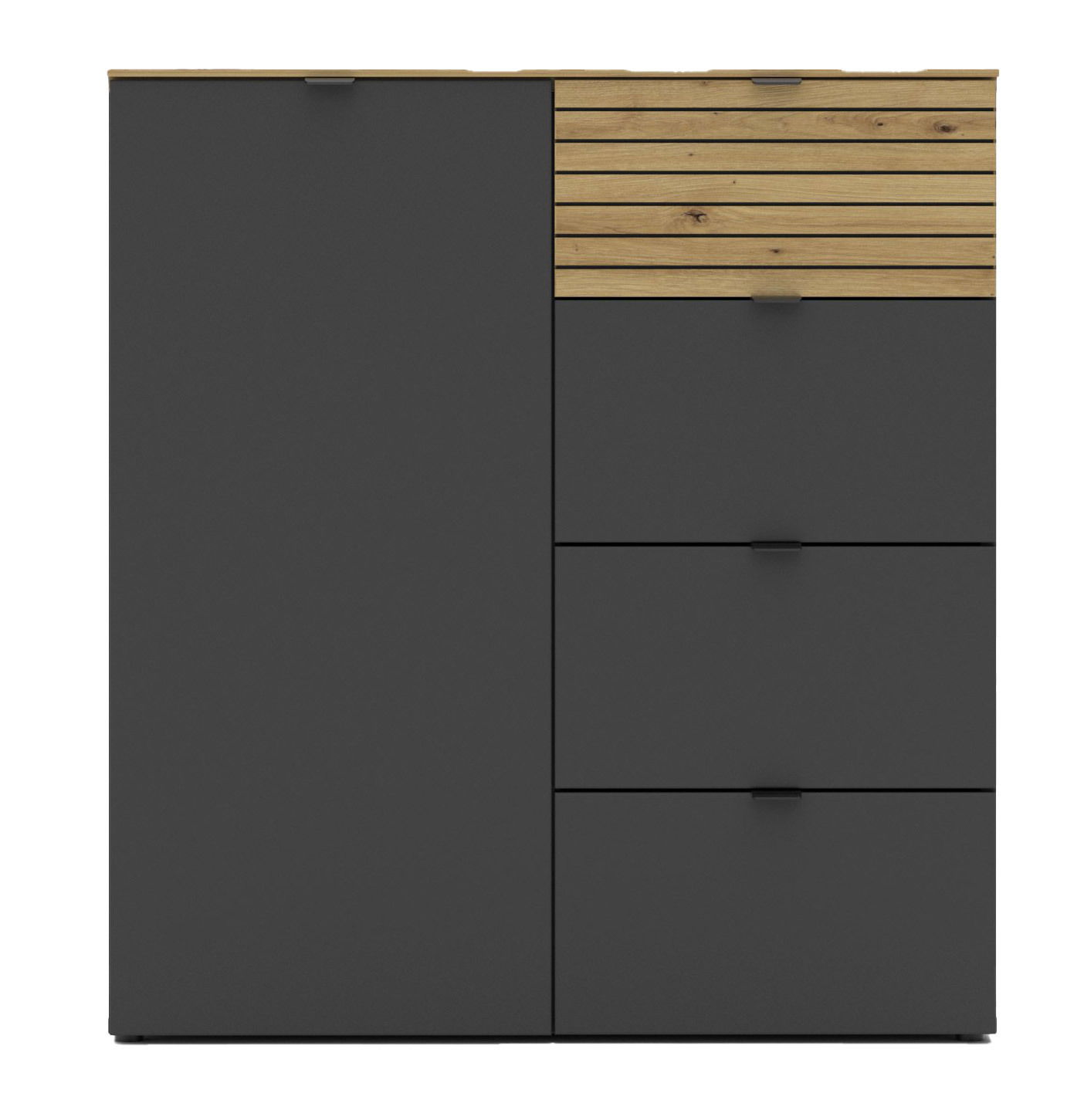 Moderne Kommode in dunklem Grau mit Holzdetails, Frontansicht