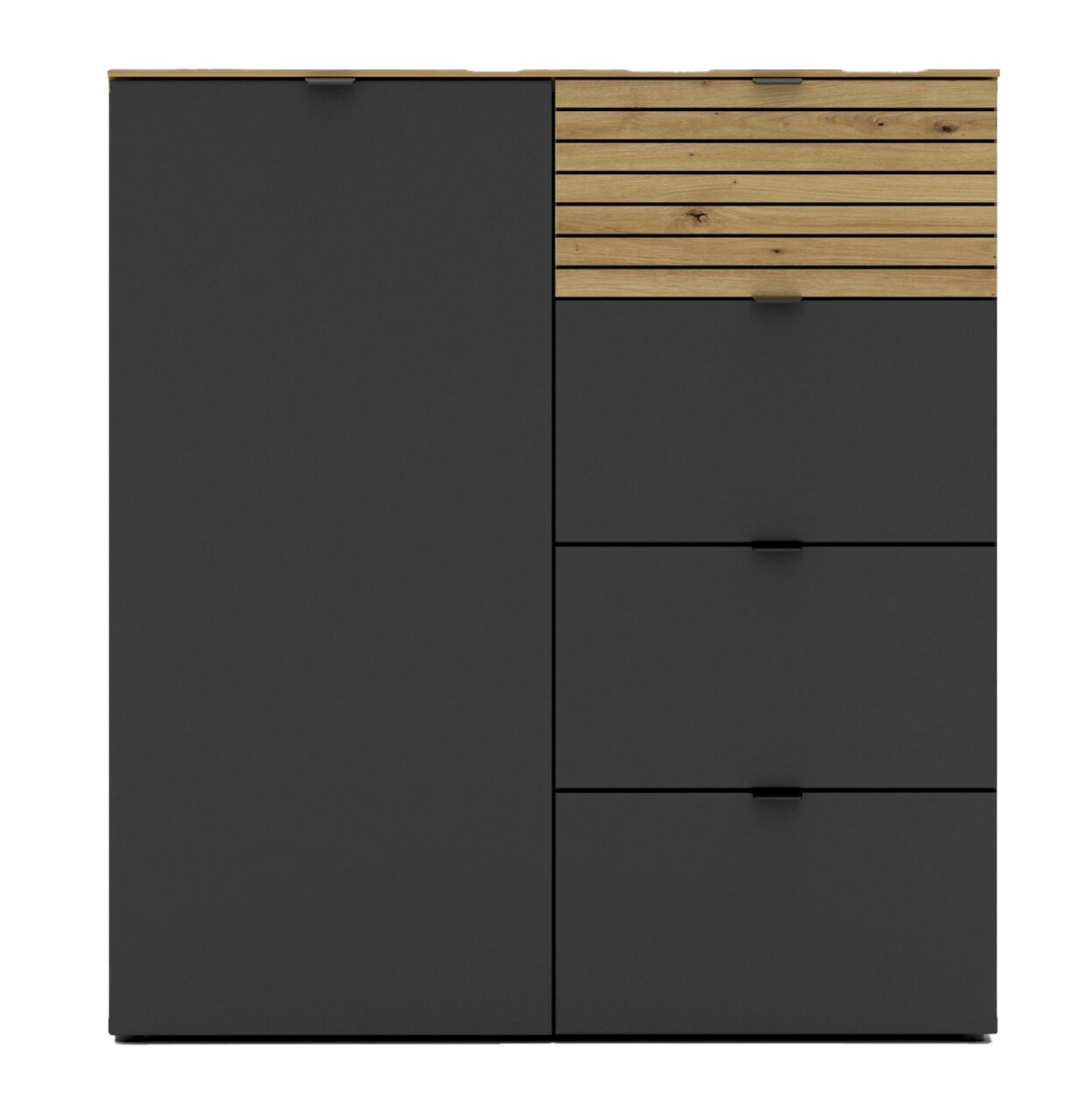 Moderne Kommode in dunklem Grau mit Holzdetails, Frontansicht