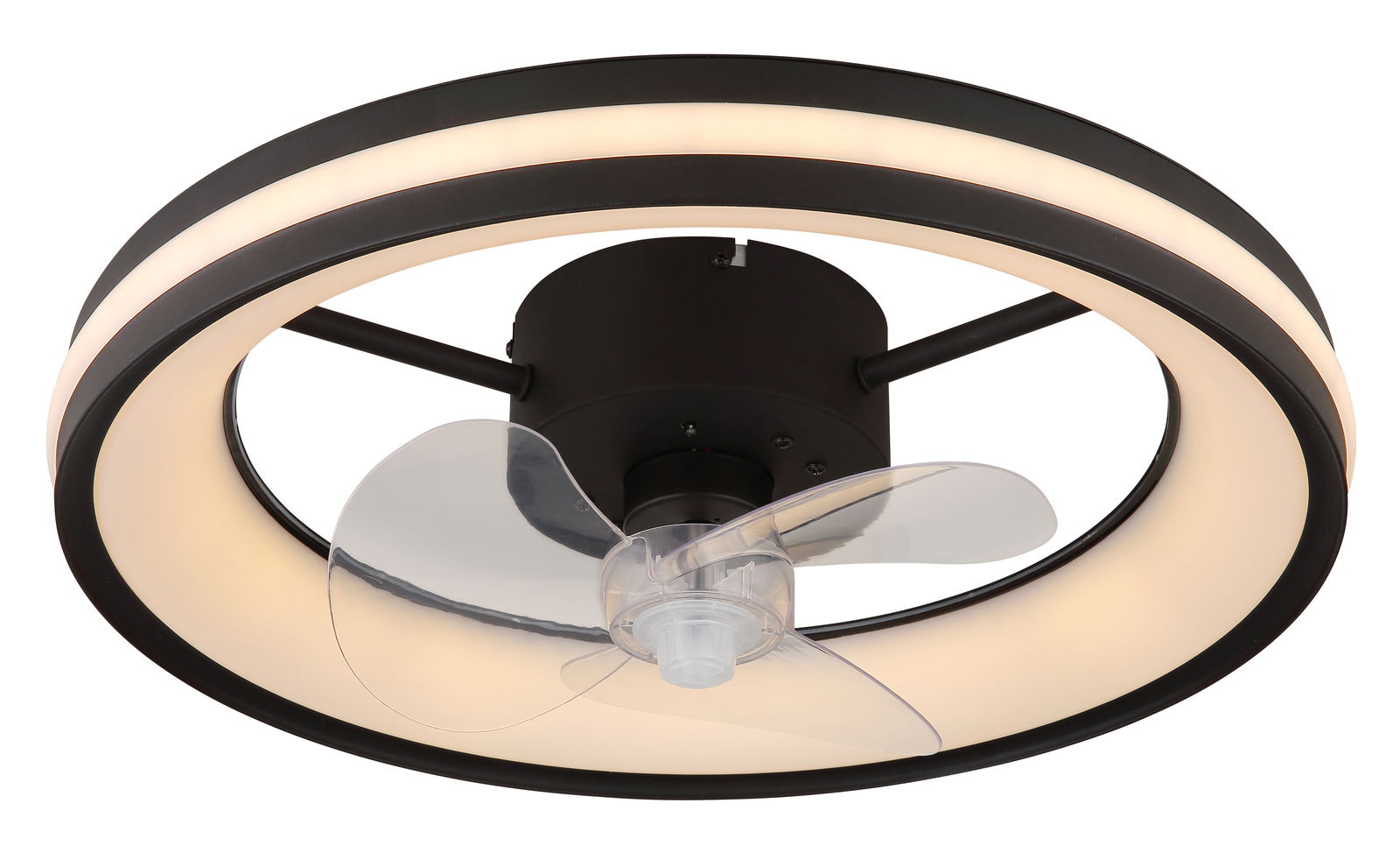 Moderner Deckenventilator mit LED-Beleuchtung, schwarze Umrandung und transparente Flügel, Ansicht von unten.