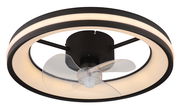 Moderner Deckenventilator mit LED-Beleuchtung, schwarze Umrandung und transparente Flügel, Ansicht von unten.