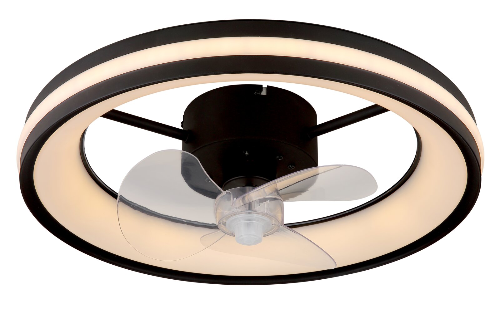 Moderne plafondventilator met ledverlichting, zwarte rand en transparante bladen, gezien van onderaf.