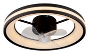 Moderne plafondventilator met ledverlichting, zwarte rand en transparante bladen, gezien van onderaf.