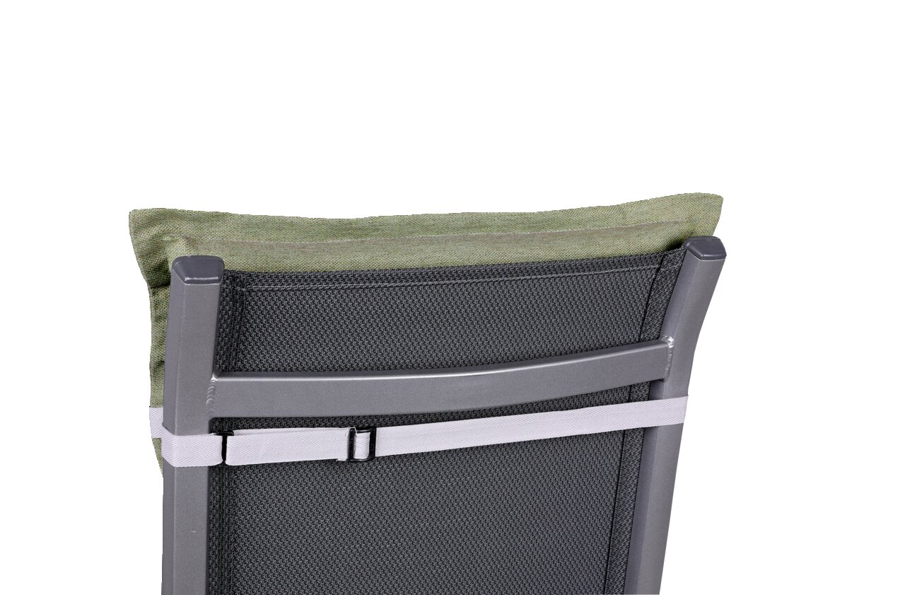 Rückansicht einer Sesselauflage in Grün, befestigt an einem grauen Stuhl mit Netzrückenlehne.