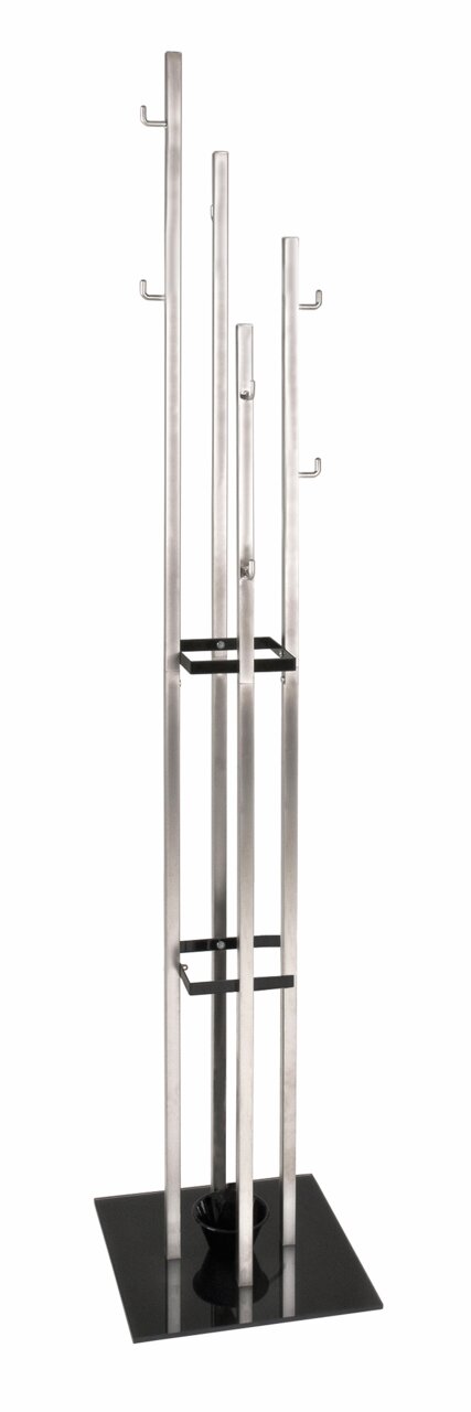 Moderner Garderoben-Schirmständer aus Metall mit mehreren Haken und einer stabilen Basis, frontal abgebildet.