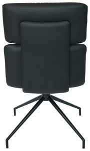 Rückansicht eines modernen schwarzen Stuhls mit gepolsterter Rückenlehne und Metallgestell.