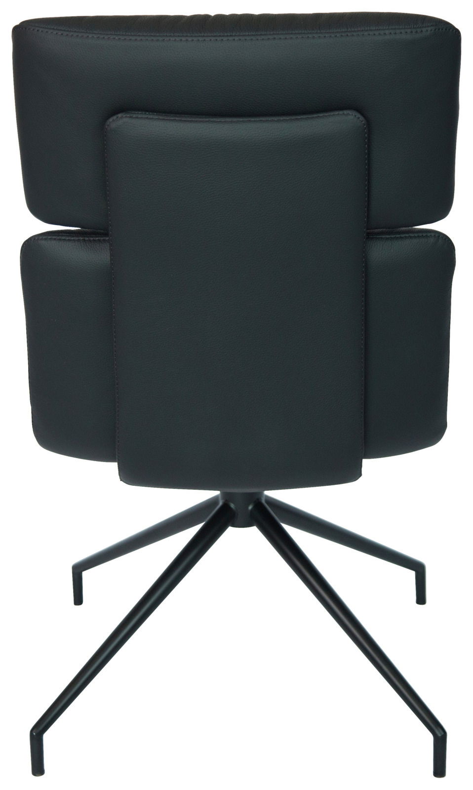 Rückansicht eines modernen schwarzen Stuhls mit gepolsterter Rückenlehne und Metallgestell.