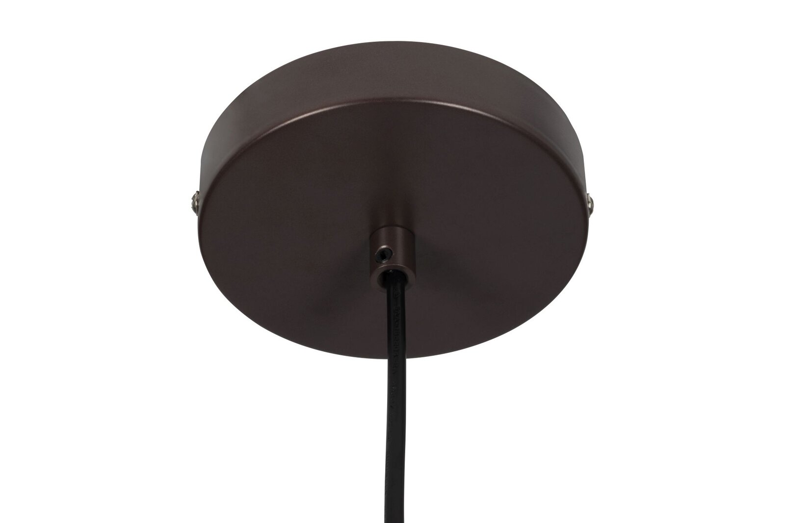 Ansicht von unten auf die runde, dunkelbraune Deckenhalterung einer Hängeleuchte mit schwarzem Kabel.