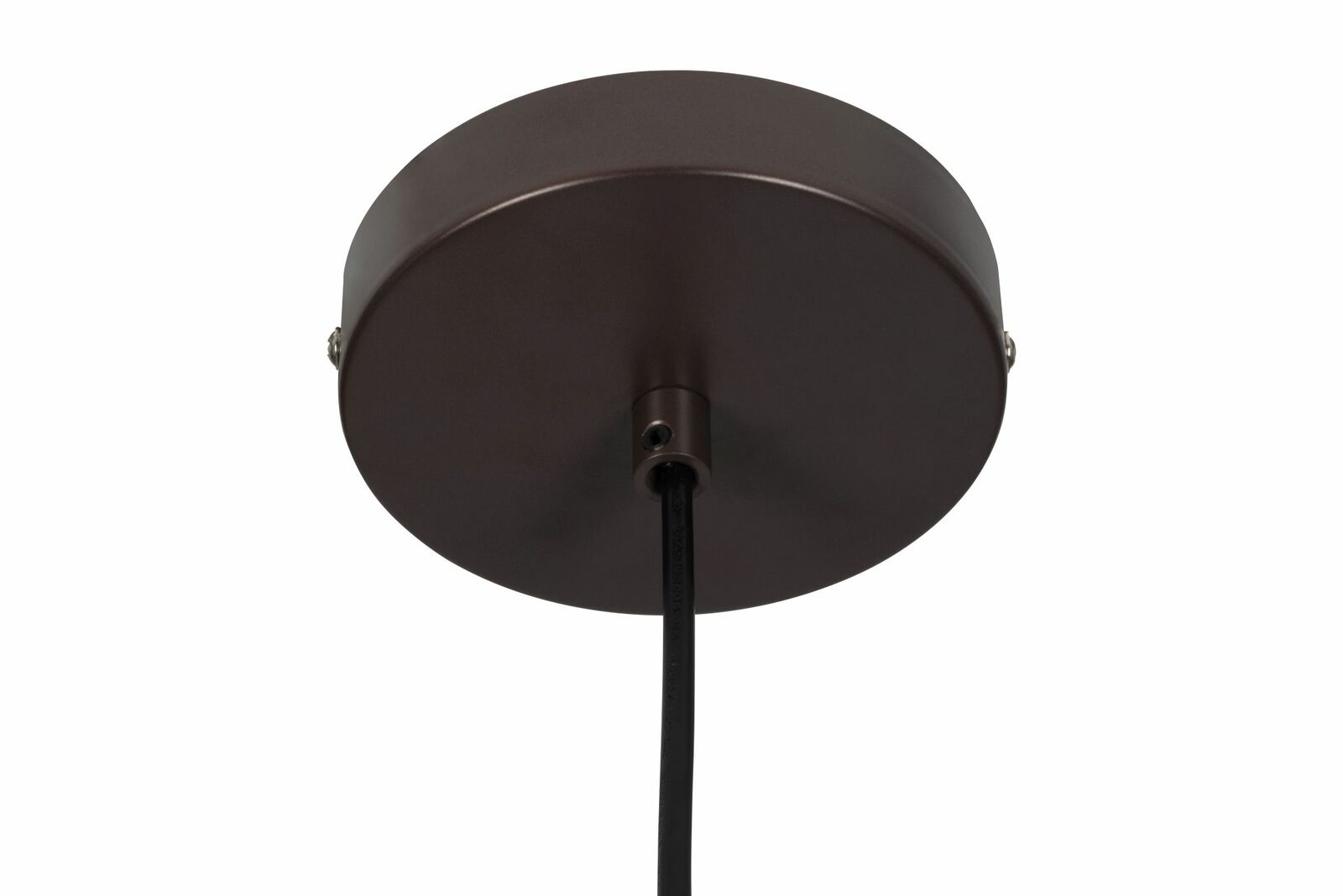 Ansicht von unten auf die runde, dunkelbraune Deckenhalterung einer Hängeleuchte mit schwarzem Kabel.