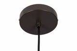 Ansicht von unten auf die runde, dunkelbraune Deckenhalterung einer Hängeleuchte mit schwarzem Kabel.