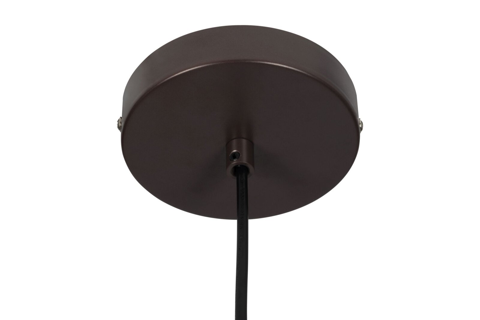Onderaanzicht van de ronde, donkerbruine plafondbevestiging van een hanglamp met een zwarte kabel.