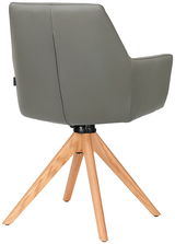 Rückansicht eines modernen Armlehnstuhls mit grauem Polster und Holzbeinen in Dreibein-Design.