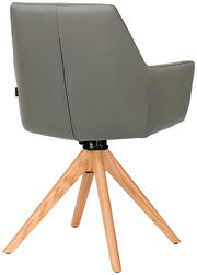 Rückansicht eines modernen Armlehnstuhls mit grauem Polster und Holzbeinen in Dreibein-Design.