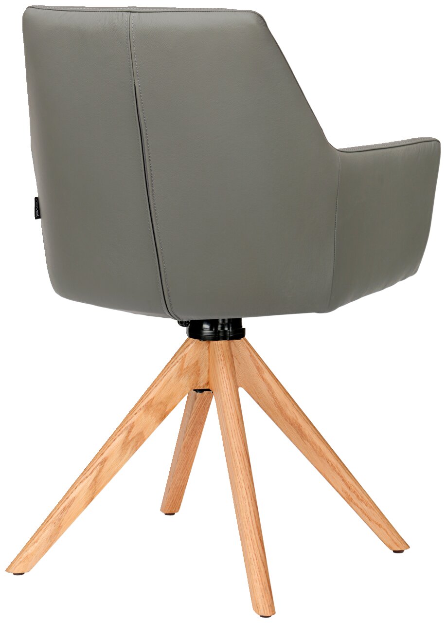 Rückansicht eines modernen Armlehnstuhls mit grauem Polster und Holzbeinen in Dreibein-Design.