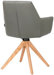 Rückansicht eines modernen Armlehnstuhls mit grauem Polster und Holzbeinen in Dreibein-Design.