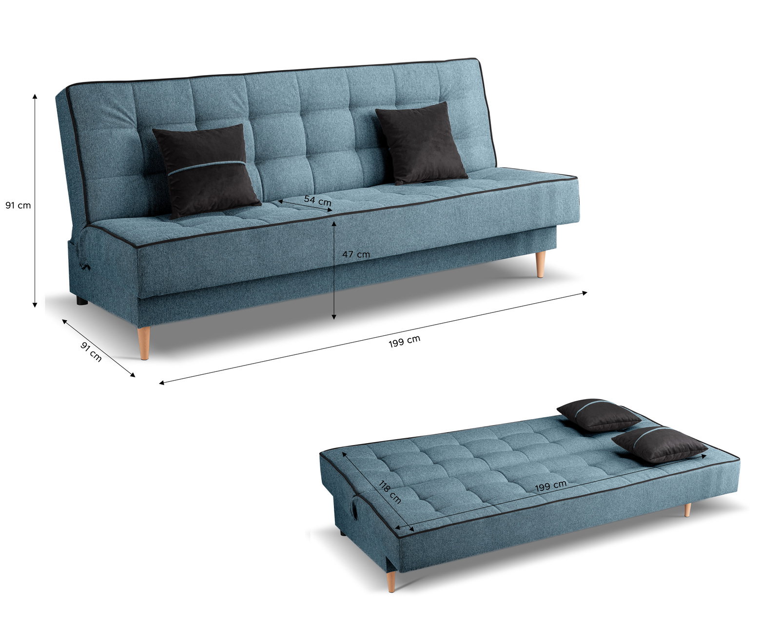 Schlafsofa 3-Sitzer in blauer Farbe, dargestellt in zwei Perspektiven: als Sofa mit zwei schwarzen Kissen und als ausgeklapptes Bett. Maße: 199 cm Breite, 91 cm Tiefe, 91 cm Höhe.