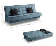 Schlafsofa 3-Sitzer in blauer Farbe, dargestellt in zwei Perspektiven: als Sofa mit zwei schwarzen Kissen und als ausgeklapptes Bett. Maße: 199 cm Breite, 91 cm Tiefe, 91 cm Höhe.