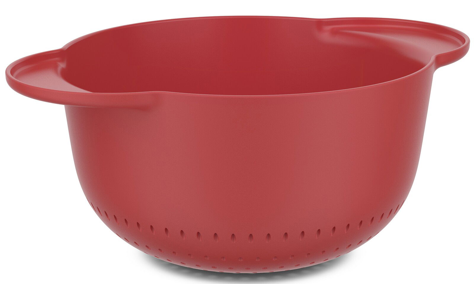 Roter Seiher aus Kunststoff mit seitlichen Griffen, seitliche Perspektive