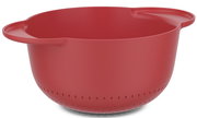 Roter Seiher aus Kunststoff mit seitlichen Griffen, seitliche Perspektive